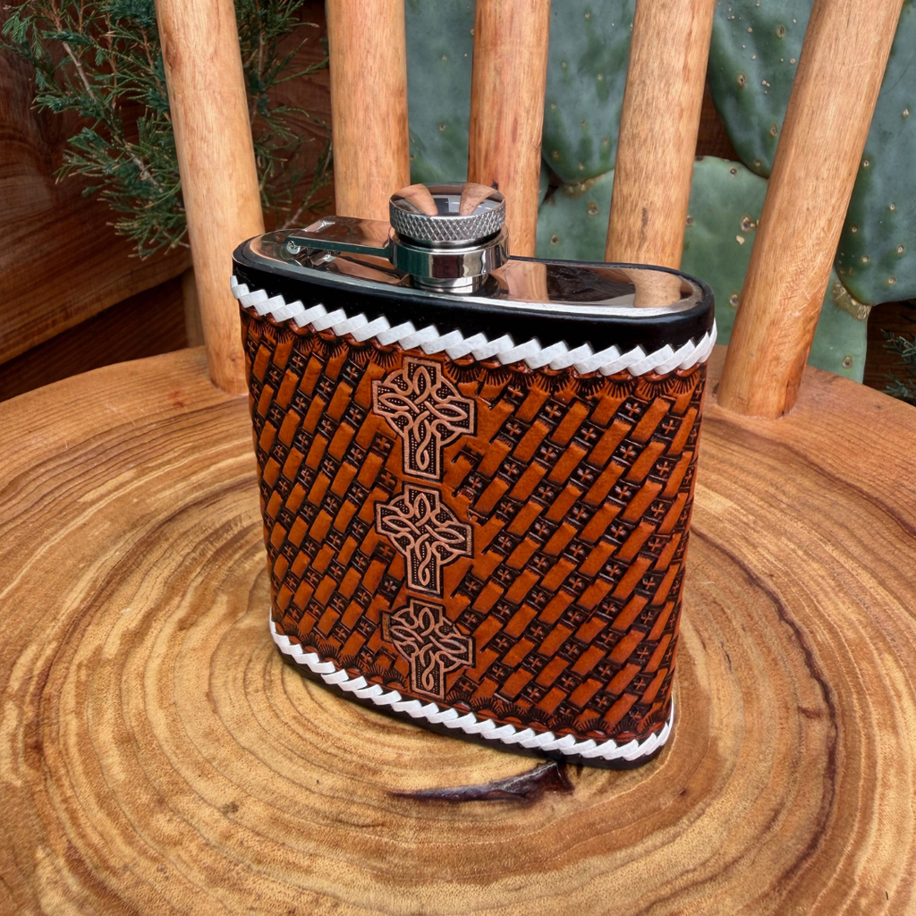 Outback King | Flask | White-Laced Tooled Cross