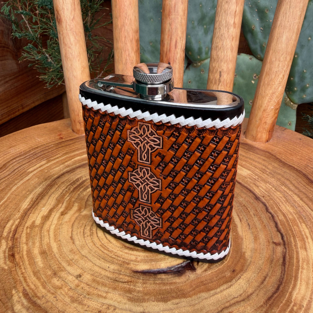 Outback King | Flask | White-Laced Tooled Cross