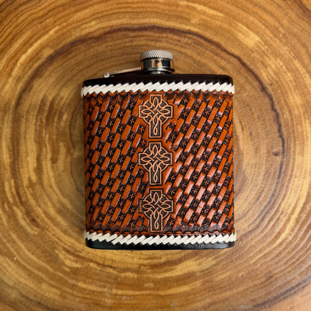 Outback King | Flask | White-Laced Tooled Cross