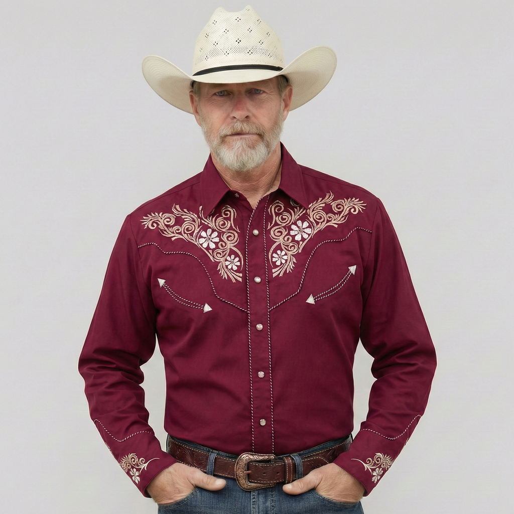 Outback King | Men's Ranger Embroidery Cowboy Shirt | Crimson Burgundy