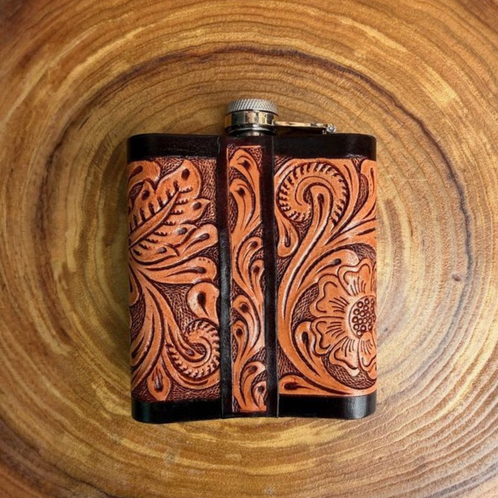 Outback King | Flask | Tooled Floral & Cowhide