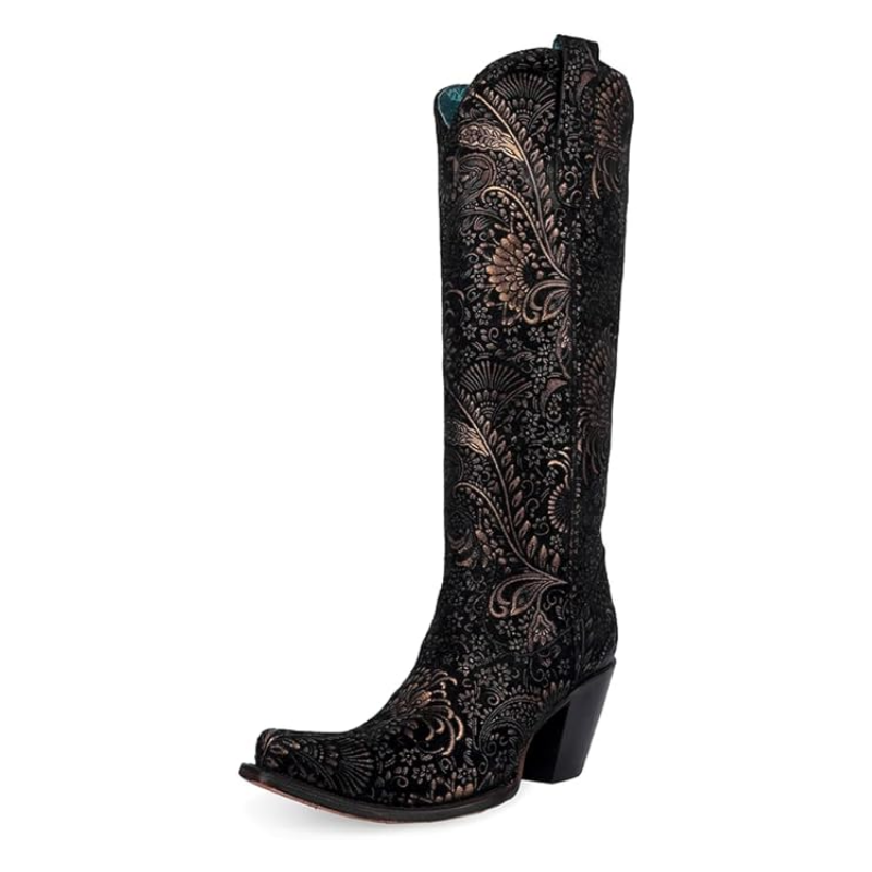 Corral | Stamped Floral Suede Tall Top | Snip Toe | Black/Gold