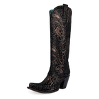 Corral | Stamped Floral Suede Tall Top | Snip Toe | Black/Gold