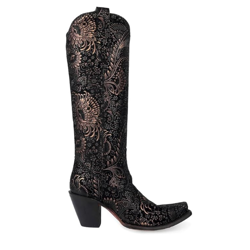 Corral | Stamped Floral Suede Tall Top | Snip Toe | Black/Gold