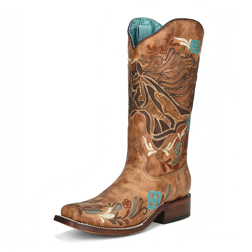 Corral | Horse Inlay & Multicolor Embroidery Sq.Toe | Sand - Outback Traders Australia