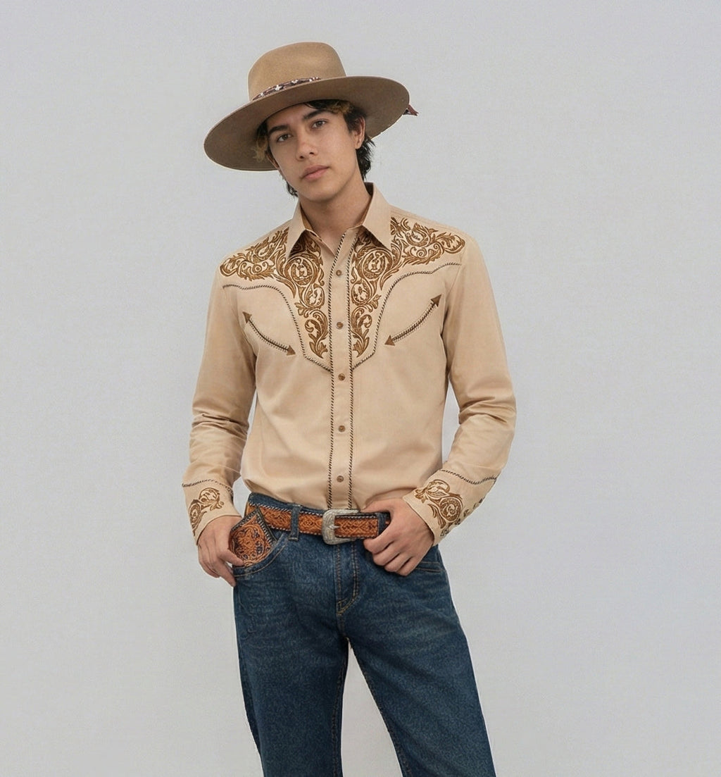 Outback King | Men's Ranger Embroidery Cowboy Shirt | Desert Khaki