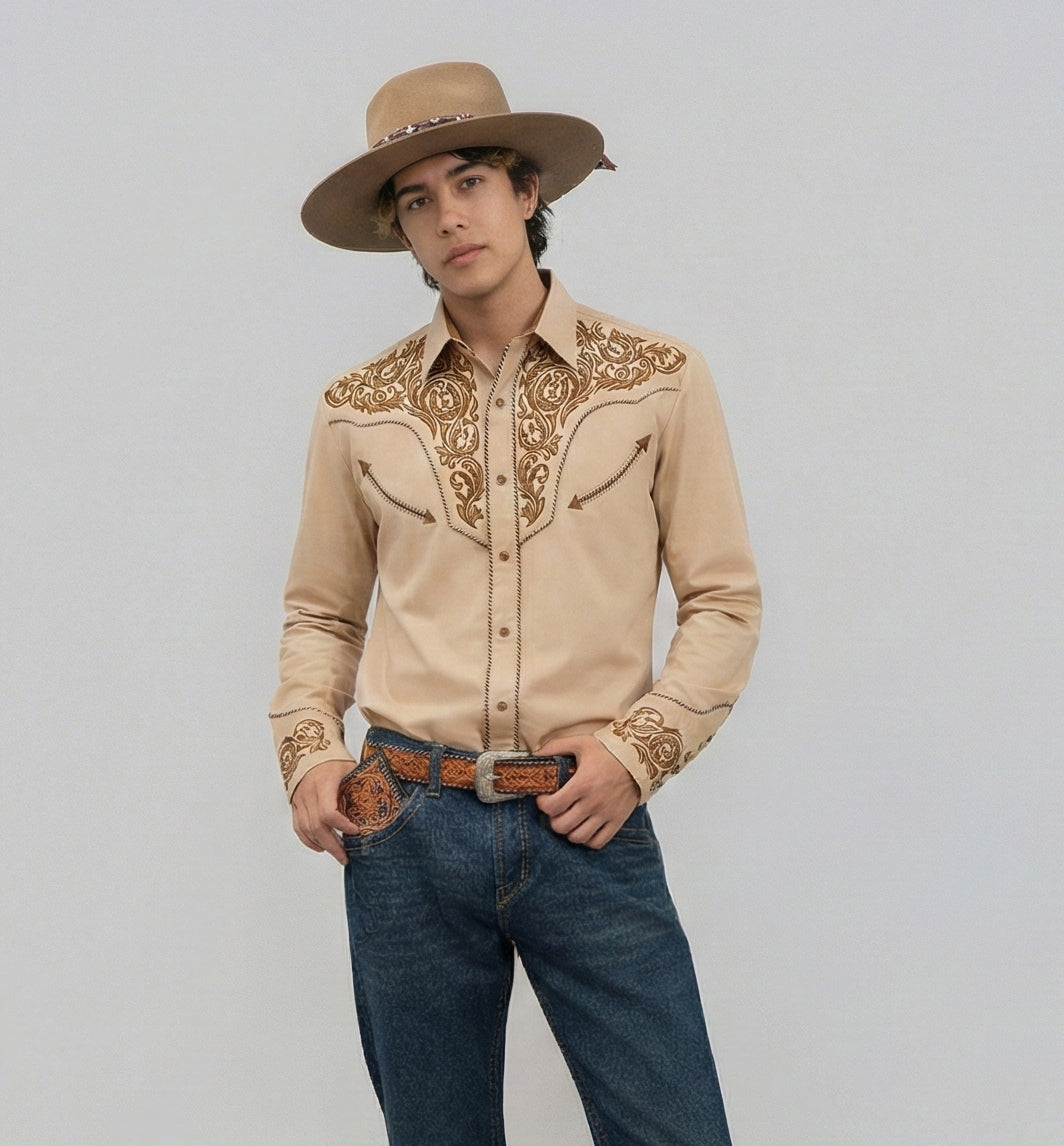 Outback King | Men's Ranger Embroidery Cowboy Shirt | Desert Khaki