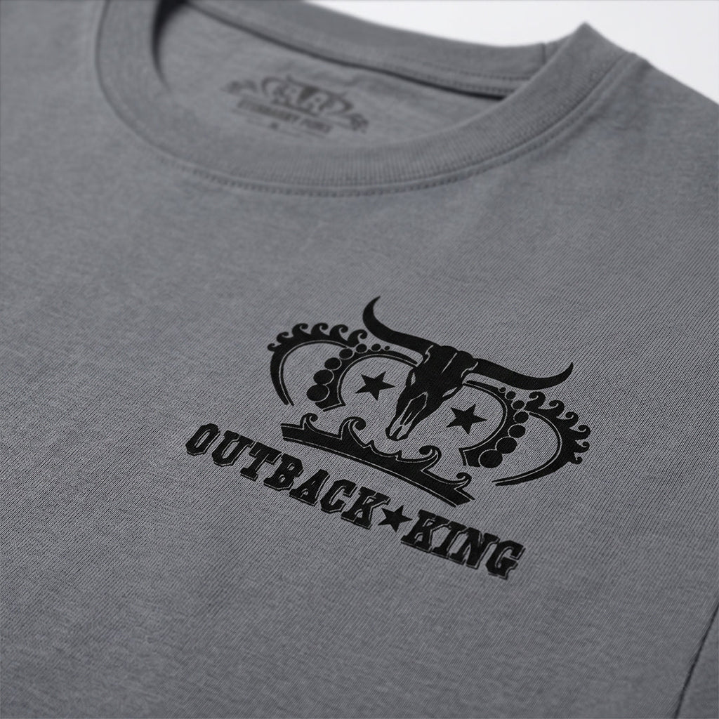 Gray t-shirt with black 'Outback King' logo on a plain background