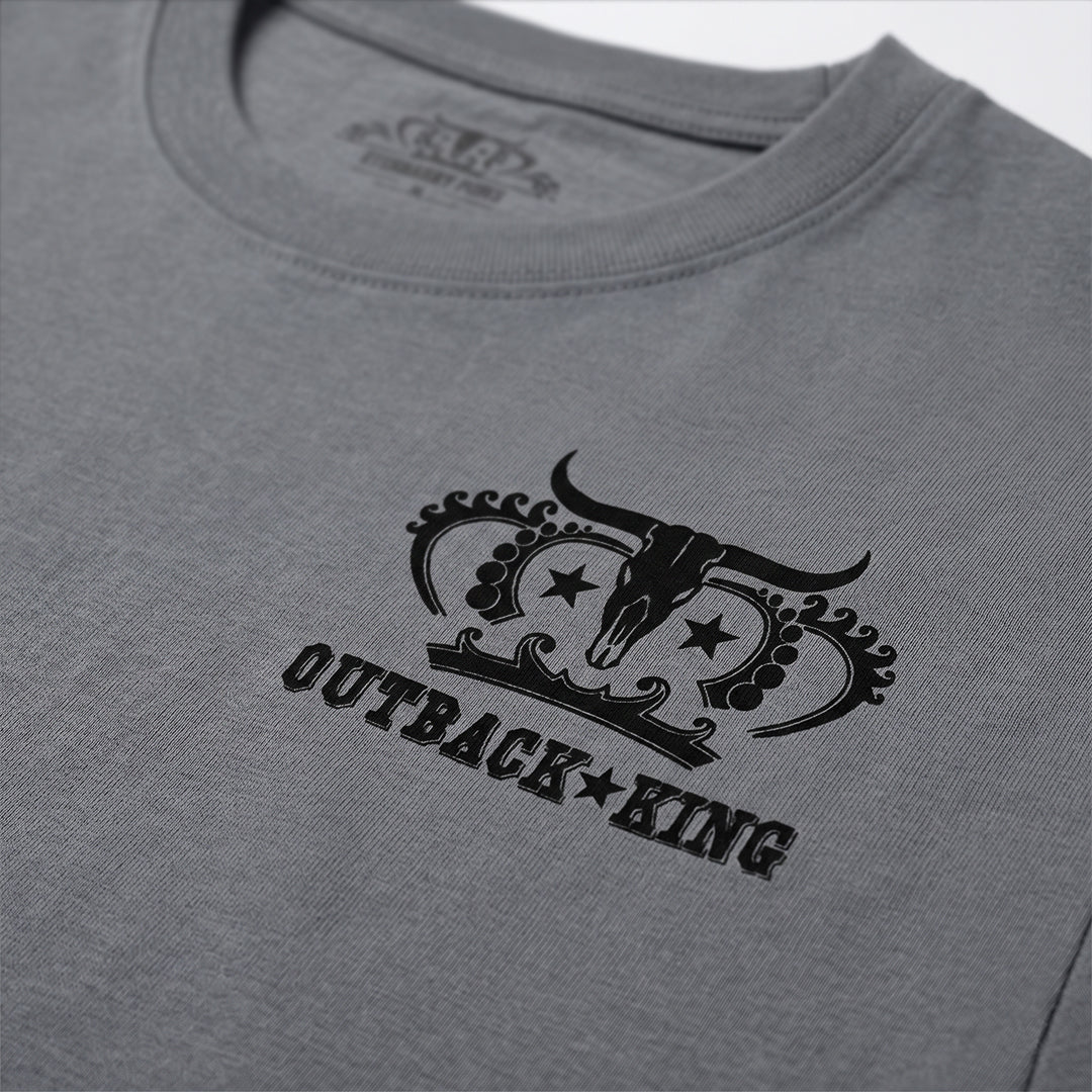 Gray t-shirt with black 'Outback King' logo on a plain background