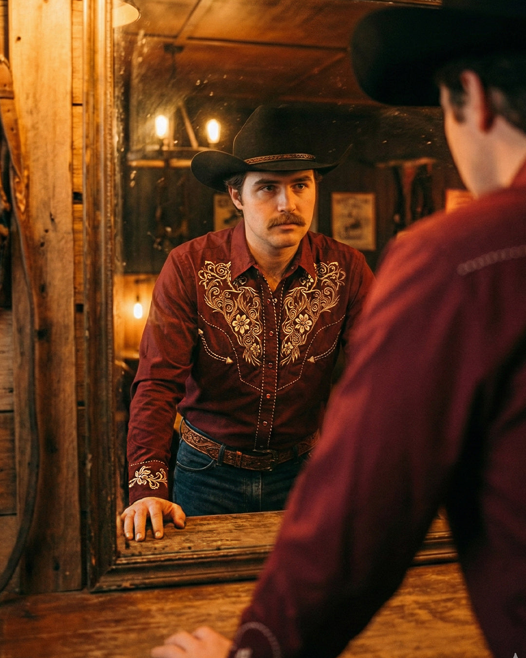 Outback King | Men's Ranger Embroidery Cowboy Shirt | Crimson Burgundy