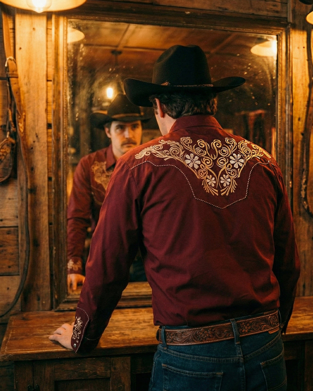 Outback King | Men's Ranger Embroidery Cowboy Shirt | Crimson Burgundy