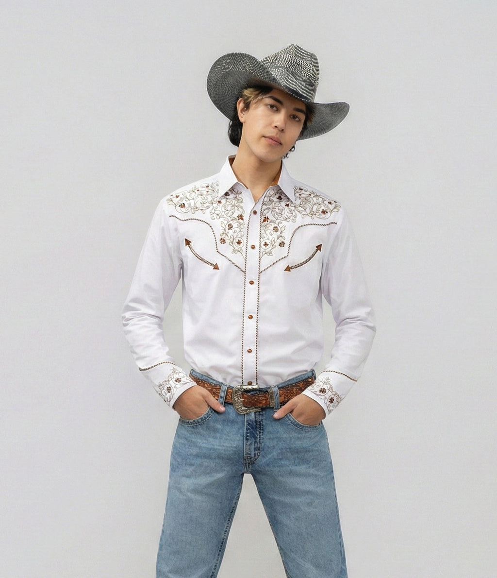 Outback King | Men's Ranger Embroidery Cowboy Shirt | Saddle Ivory