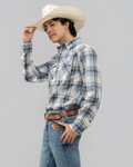 Outback King | Men’s Legend Logo Shirt | LT Blue/Olive Check