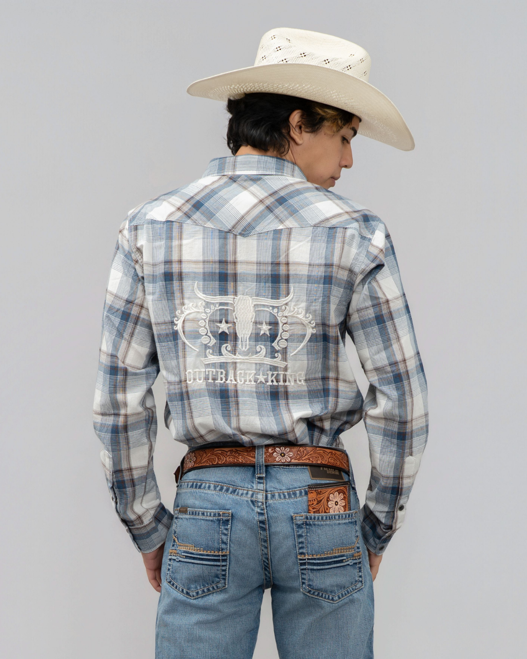 Outback King | Men’s Legend Logo Shirt | LT Blue/Olive Check
