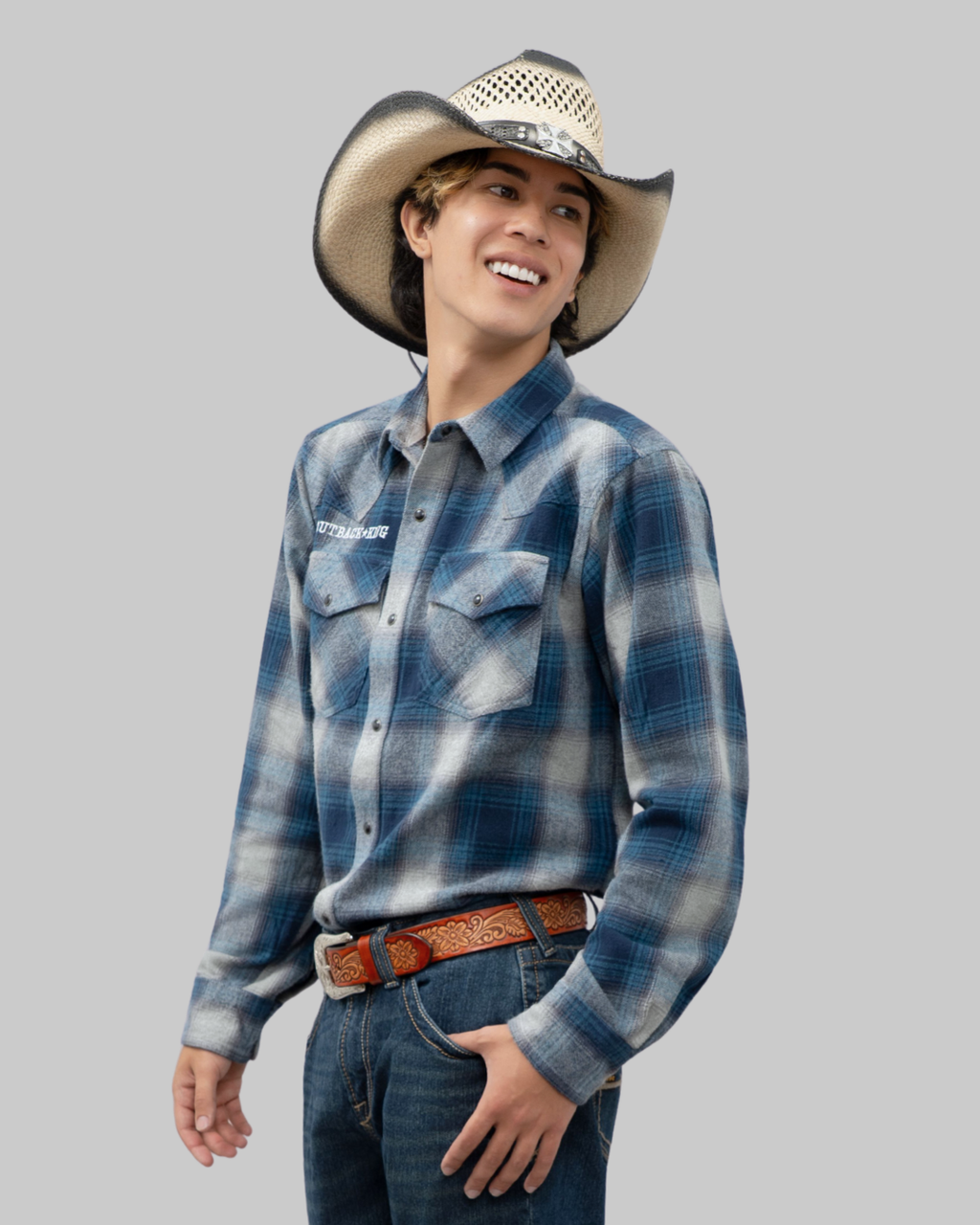 Outback King | Men's Legend Logo Shirt  | LT Blue Navy Flannel Check