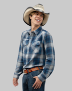 Outback King | Men's Legend Logo Shirt  | LT Blue Navy Flannel Check