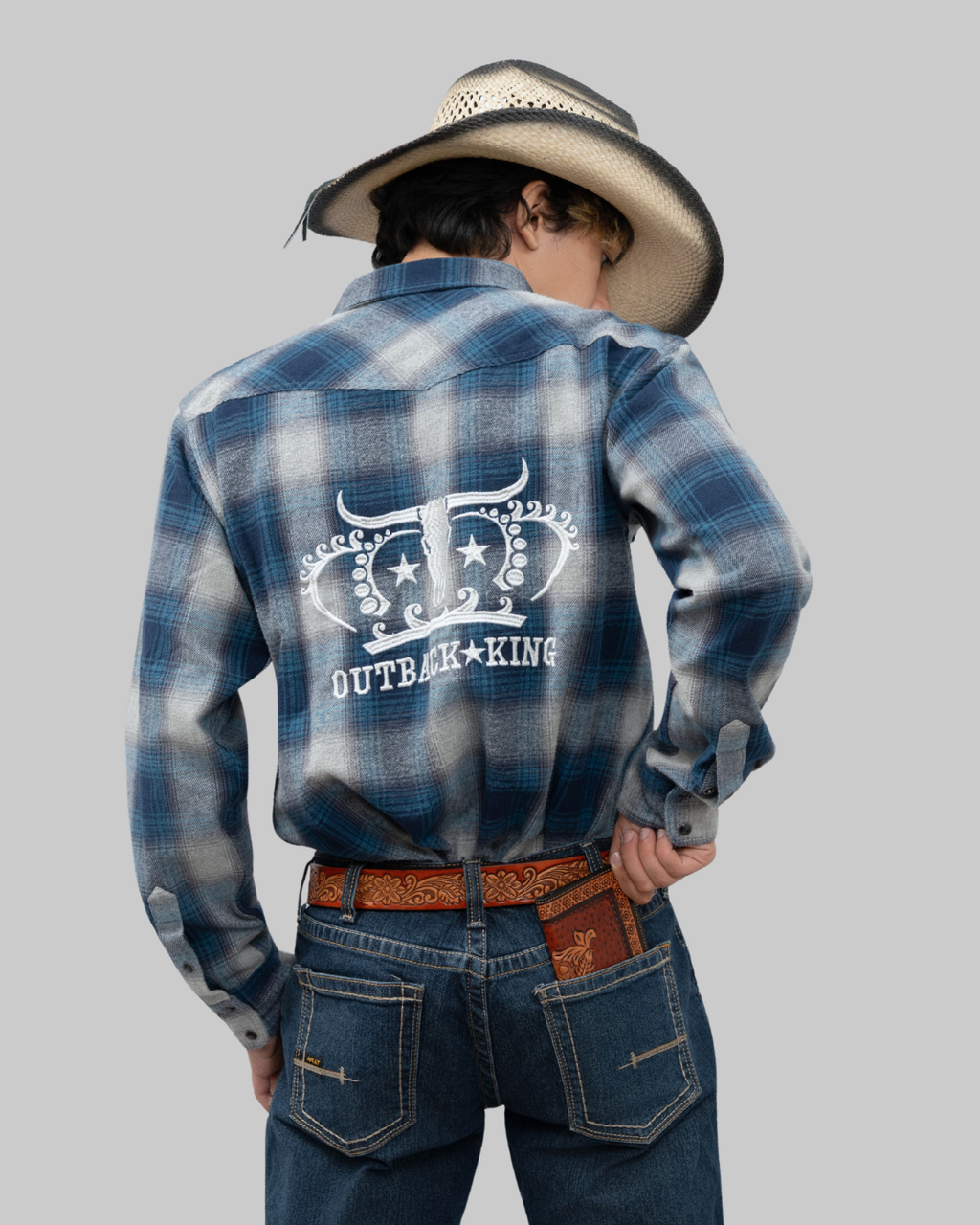 Outback King | Men's Legend Logo Shirt  | LT Blue Navy Flannel Check