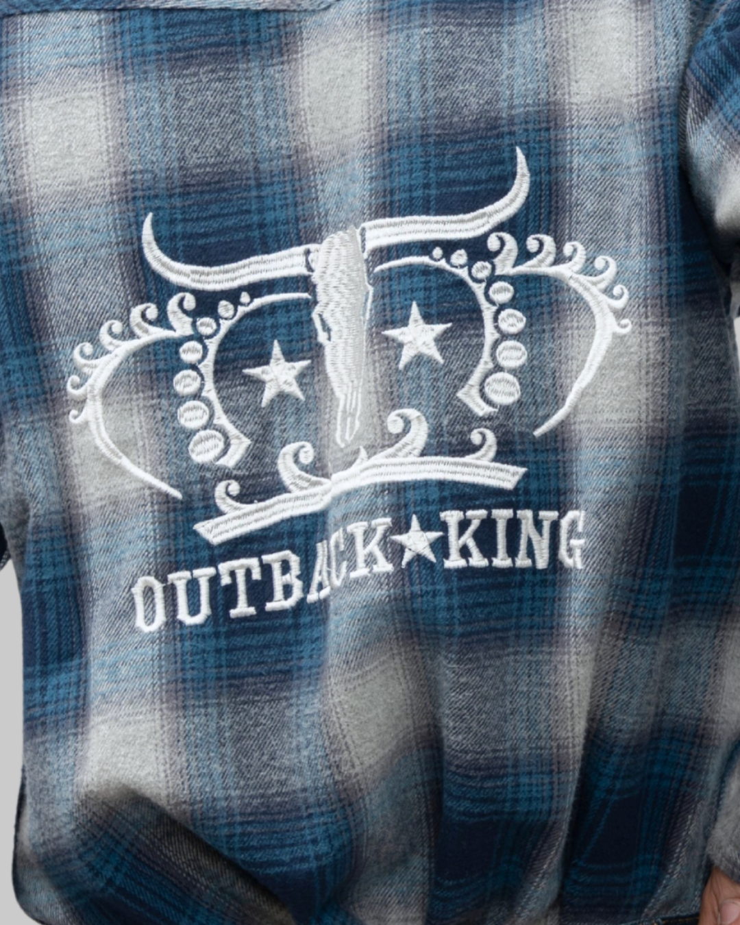 Outback King | Men's Legend Logo Shirt  | LT Blue Navy Flannel Check
