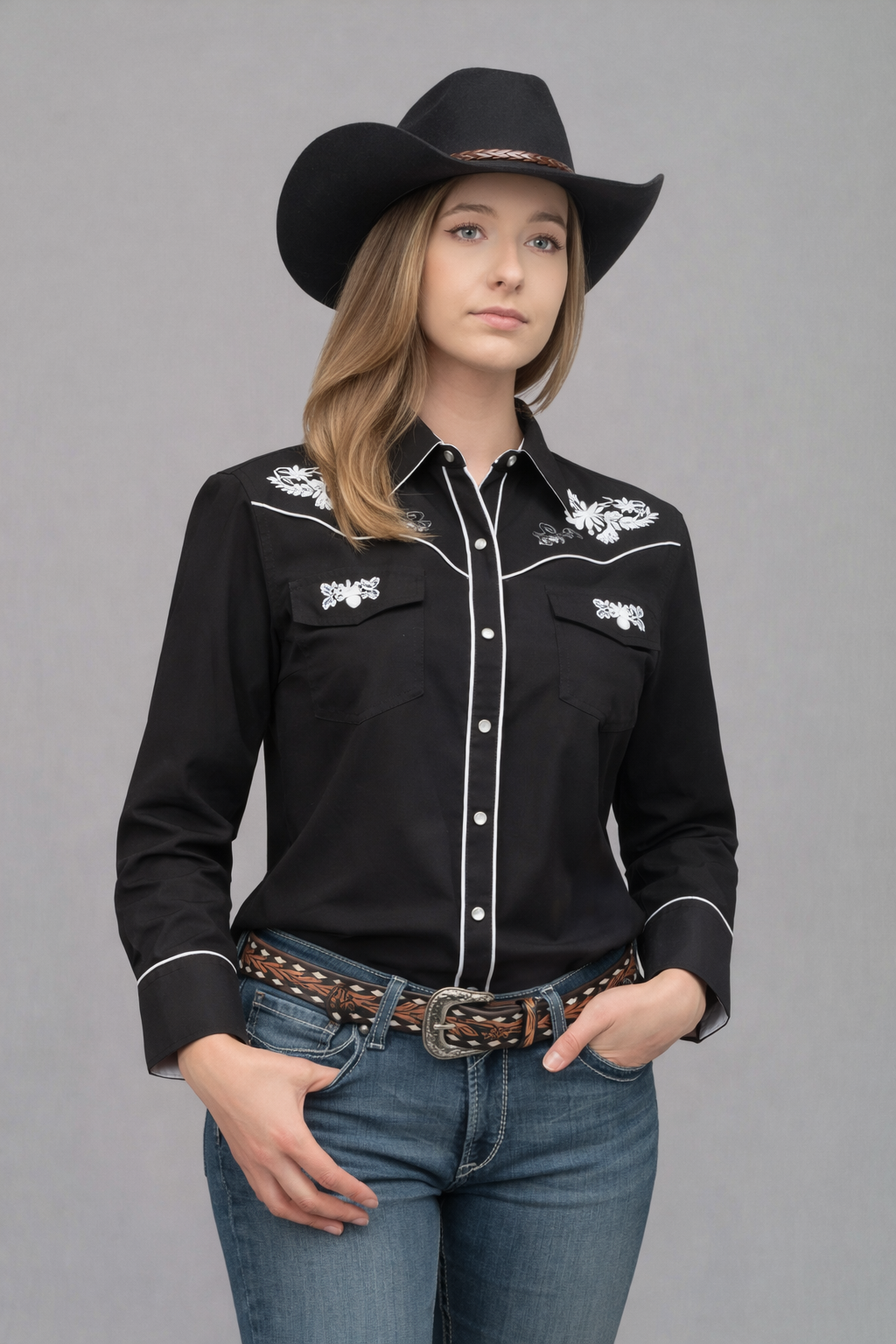 Outback King |Women's Prairie Embroidery Cowgirl Shirt | Black Magnolia