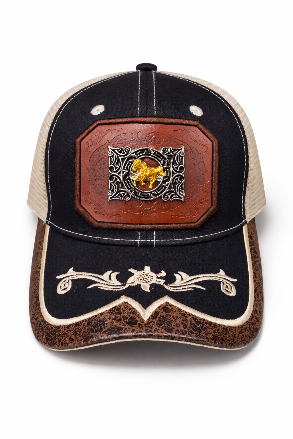 Outback King | Golden Stallion Buckle Cap | Black & & Ivory Embroidery