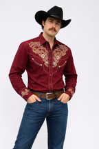 Outback King | Men's Ranger Embroidery Cowboy Shirt | Crimson Burgundy