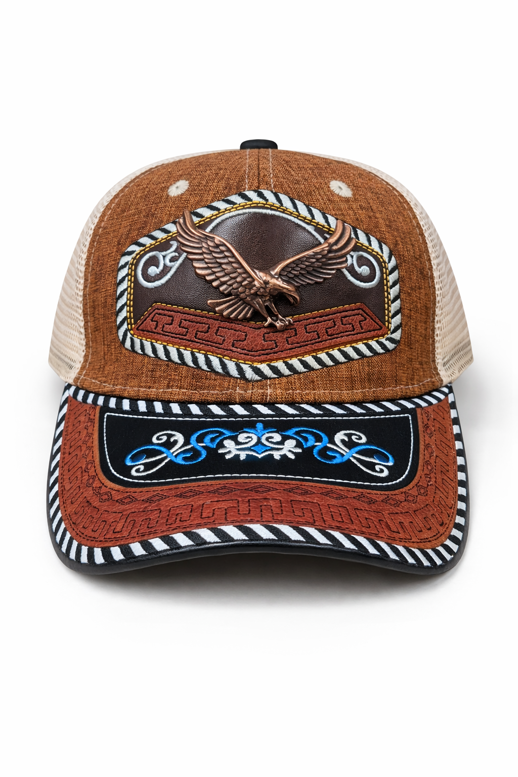Outback King | Western Eagle Buckle Cap | Saddle Tan & Indigo Embroidery