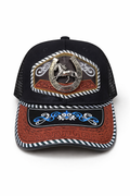 Outback King | Western Horseshoe Stallion Buckle Cap | Black & Indigo Embroidery