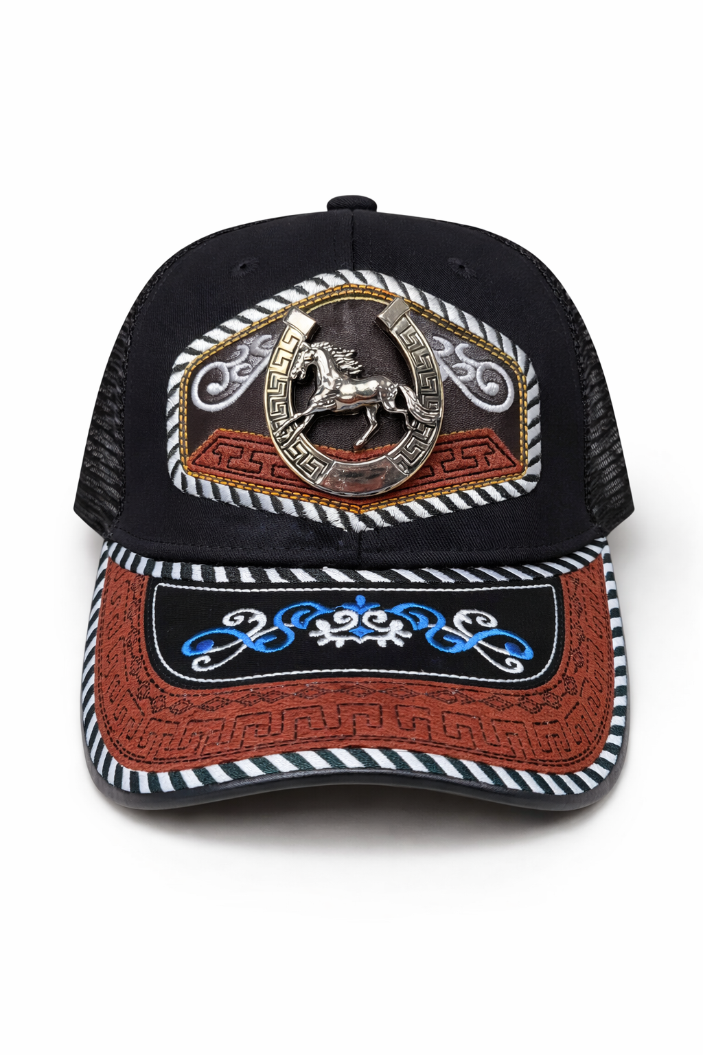 Outback King | Western Horseshoe Stallion Buckle Cap | Black & Indigo Embroidery