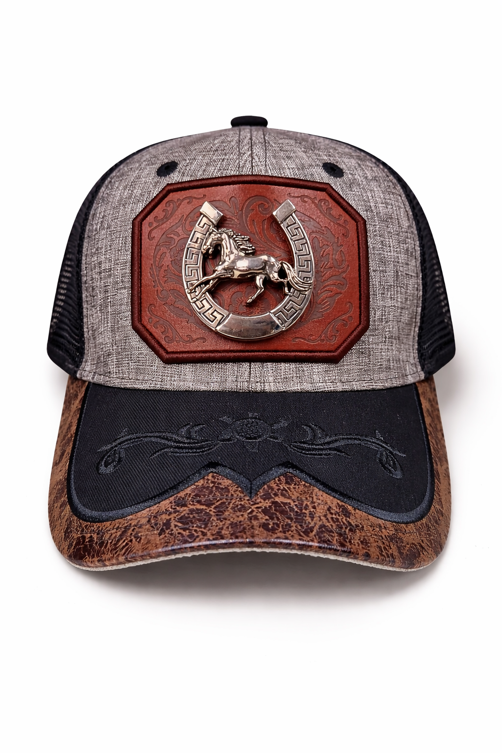 Outback King | Western Horseshoe Stallion Buckle Cap | Iron Grey & Black Embroidery