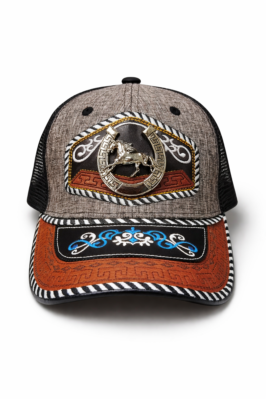 Outback King | Western Horseshoe Stallion Buckle Cap | Iron Grey & Indigo Embroidery