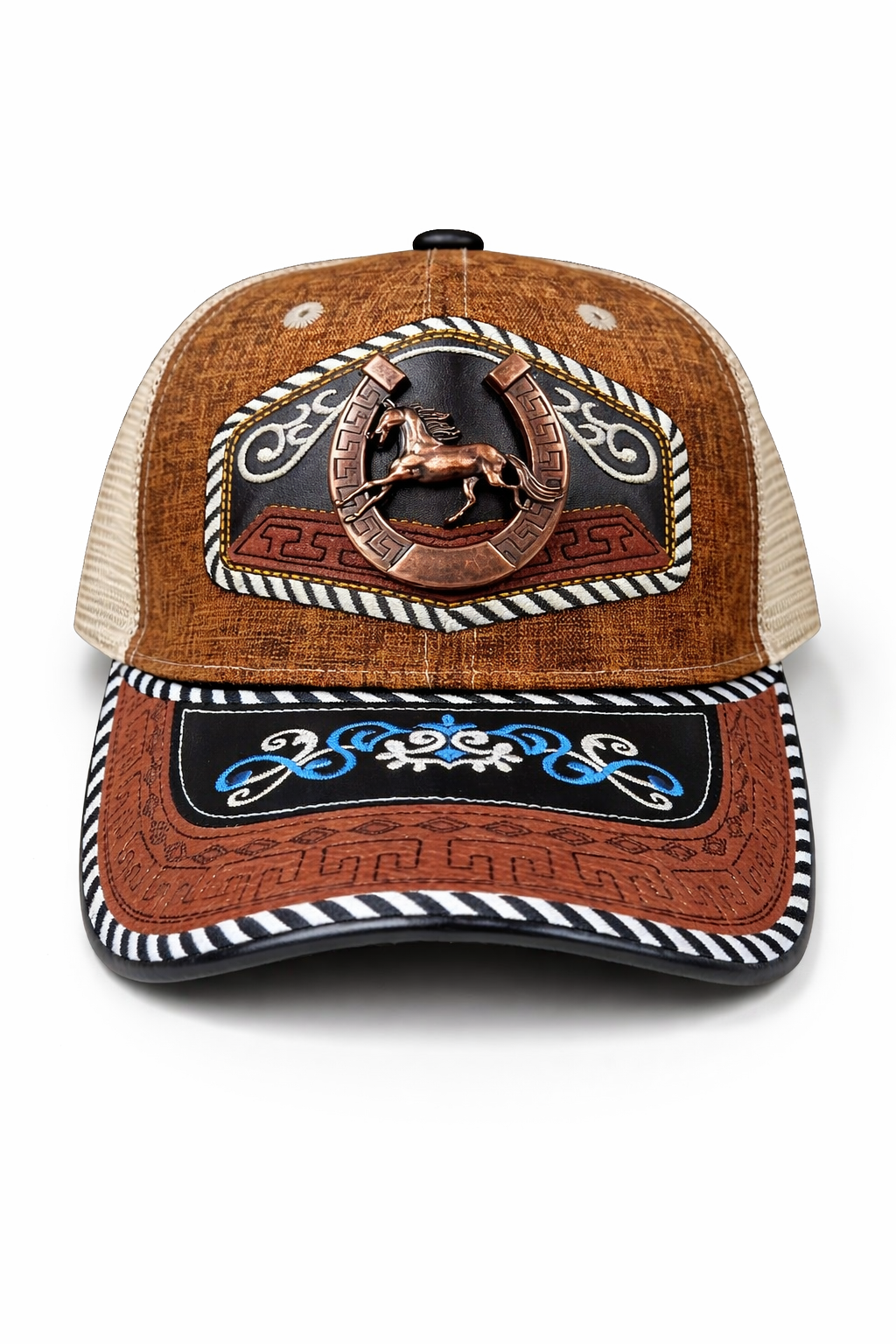 Outback King | Western Horseshoe Stallion Buckle Cap | Saddle Tan & Indigo Embroidery