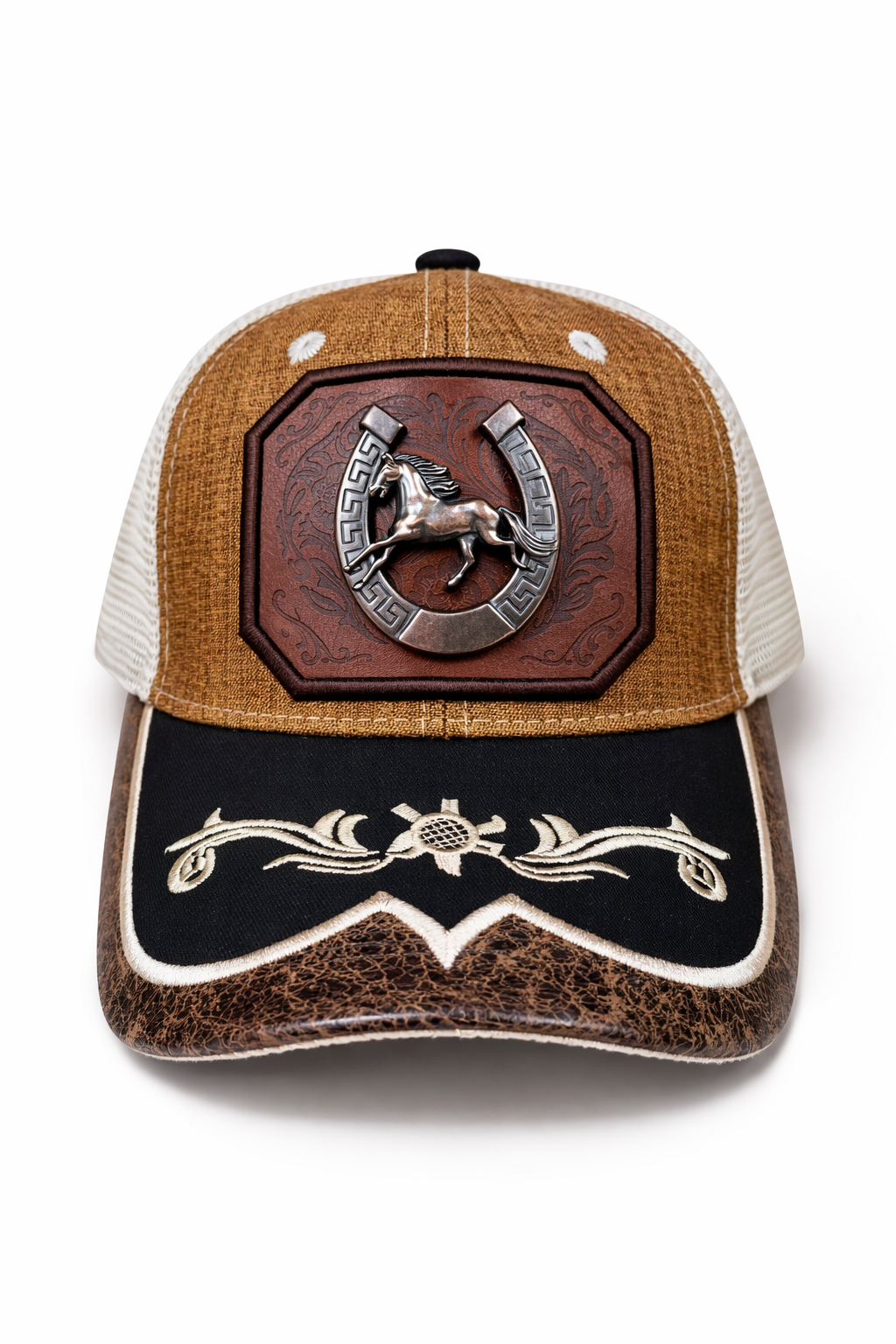 Outback King | Western Horseshoe Stallion Buckle Cap | Saddle Tan & Ivory Embroidery