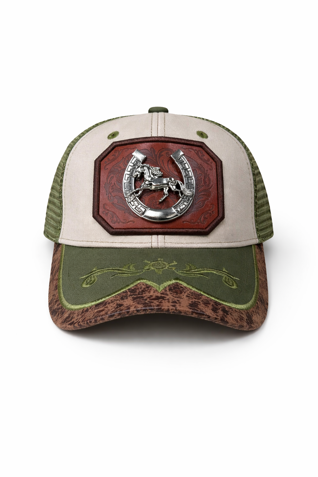 Outback King | Western Horseshoe Stallion Buckle Cap | Sand & Olive Embroidery
