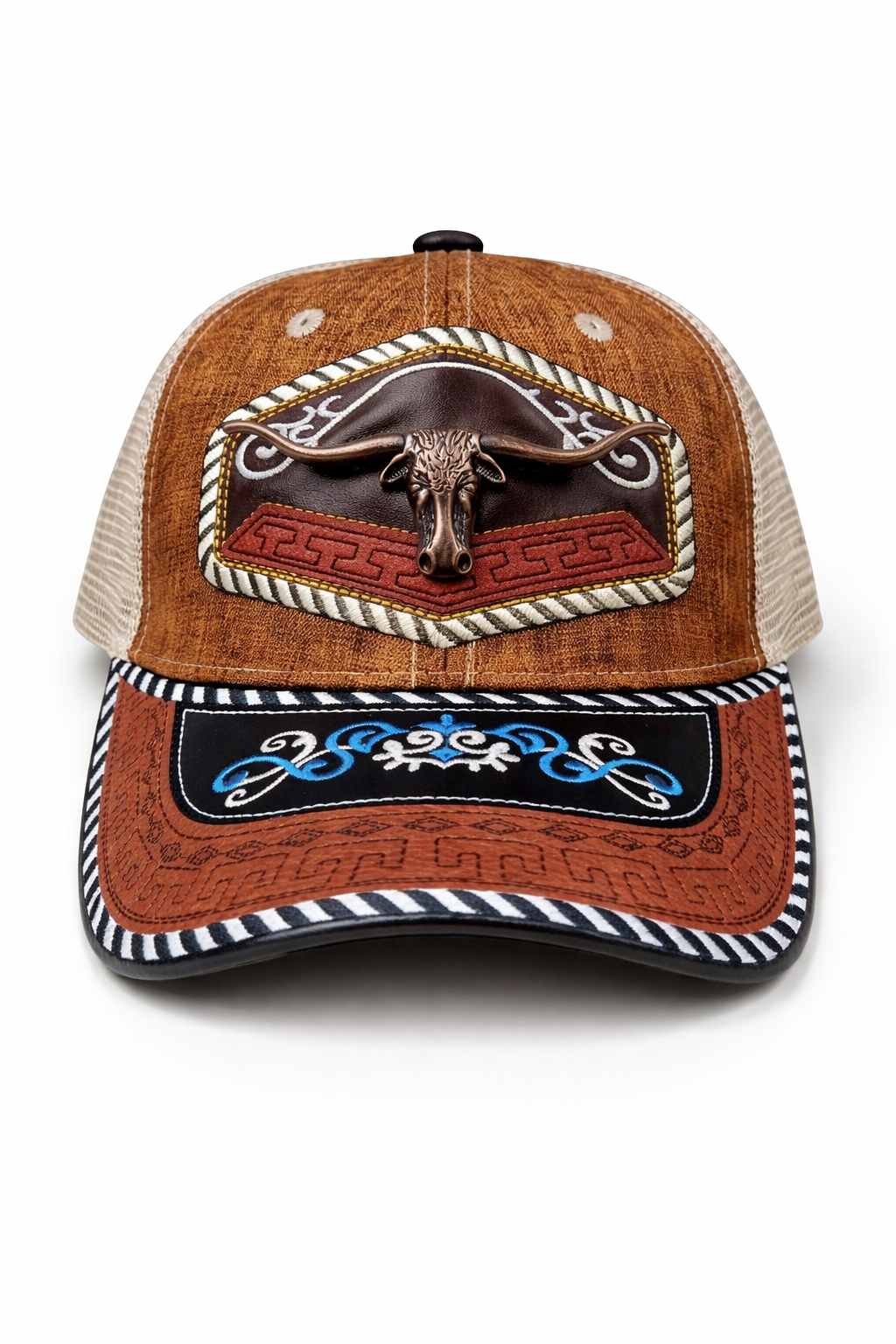 Outback King | Western Longhorn Buckle Cap | Saddle Tan & Indigo Embroidery