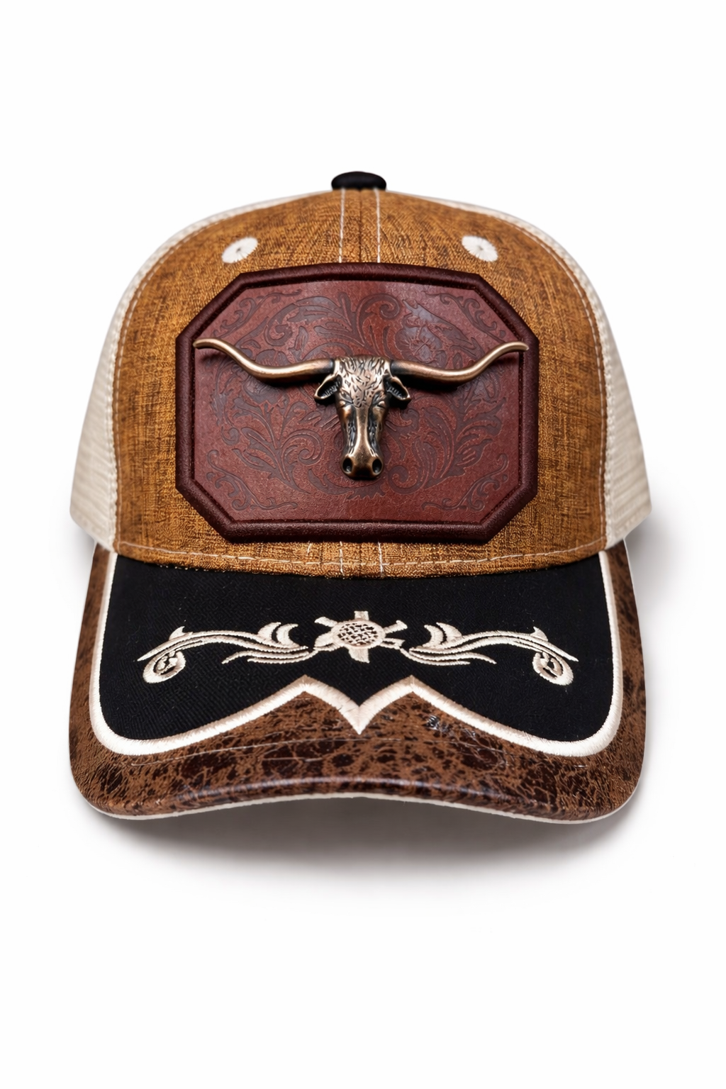 Outback King | Western Longhorn Buckle Cap | Saddle Tan & Ivory Embroidery