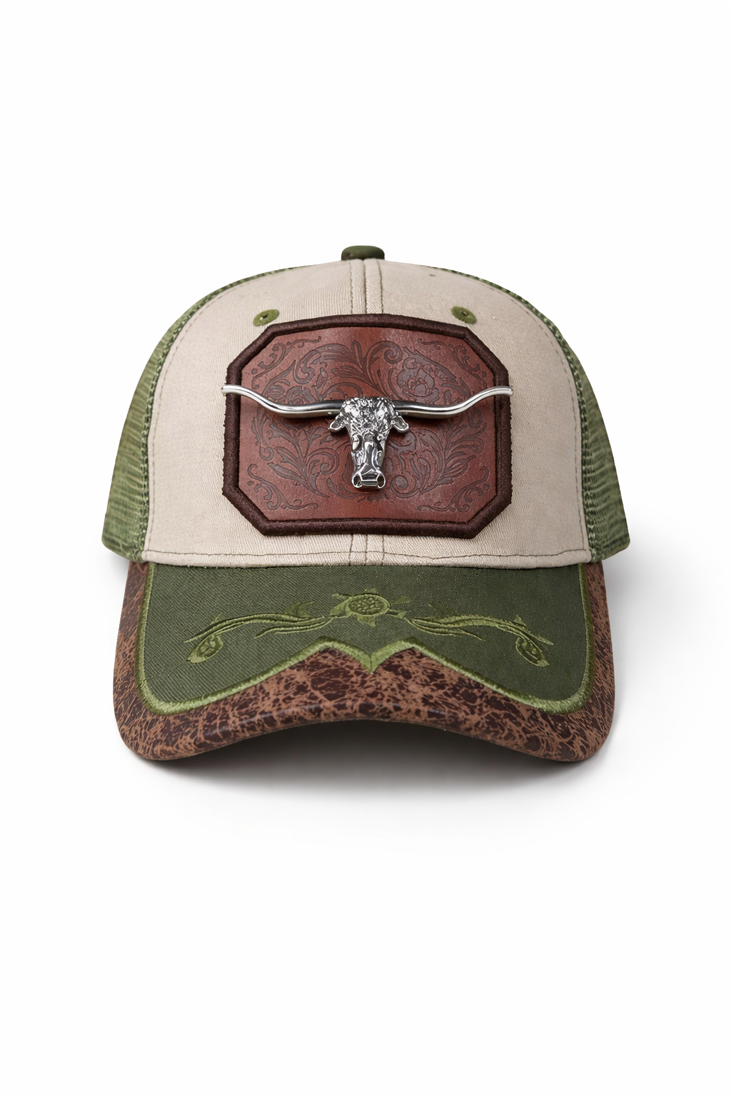 Outback King | Western Longhorn Buckle Cap | Sand & Olive Embroidery
