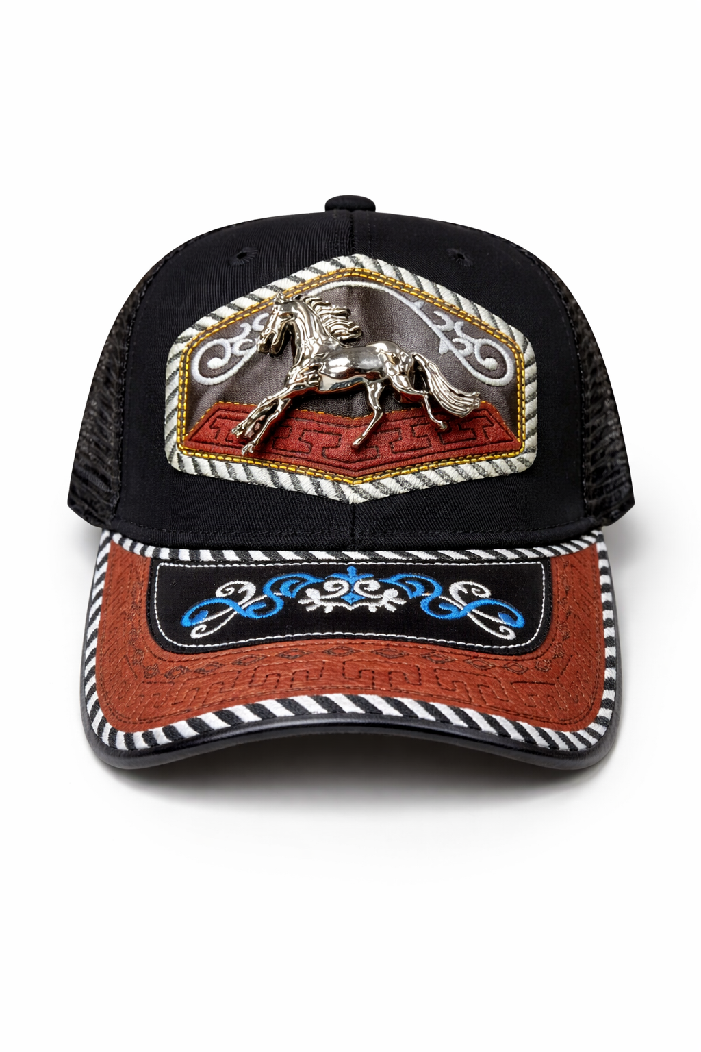 Outback King | Western Running Horse Buckle Cap | Black & Indigo Embroidery
