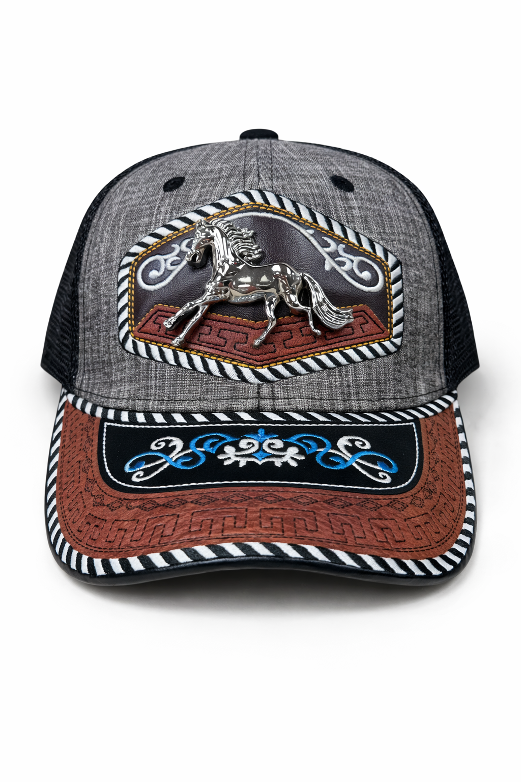 Outback King | Western Running Horse Buckle Cap | Iron Grey & Indigo Embroidery