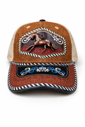 Outback King | Western Running Horse Buckle Cap | Saddle Tan & Indigo Embroidery