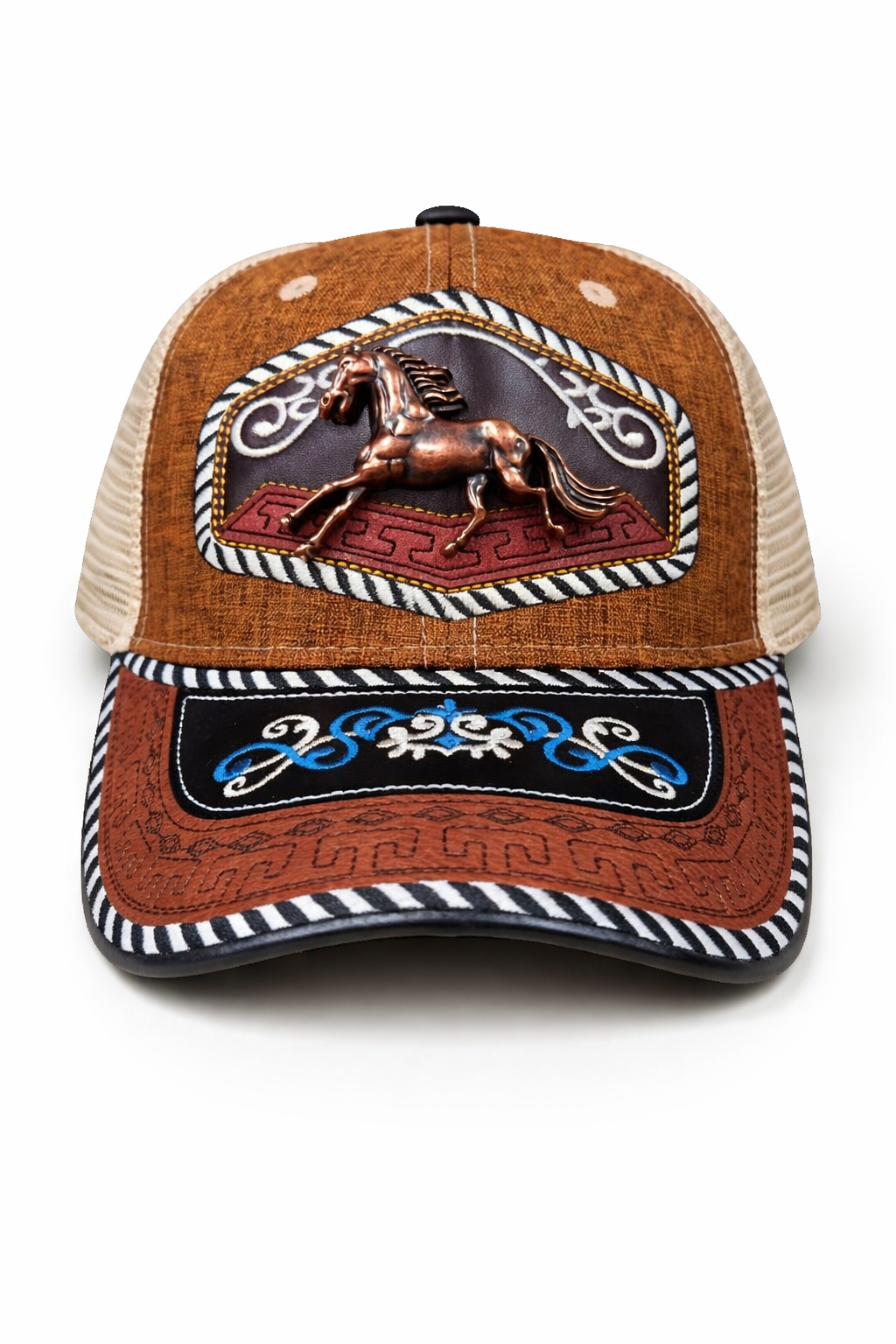 Outback King | Western Running Horse Buckle Cap | Saddle Tan & Indigo Embroidery