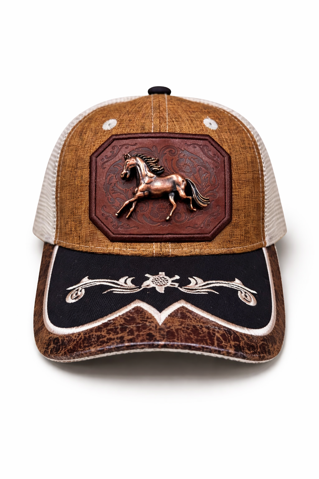Outback King | Western Running Horse Buckle Cap | Saddle Tan & Ivory Embroidery