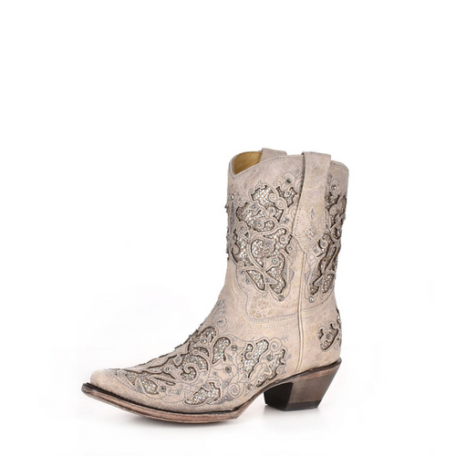 Corral | Glitter Inlay & Crystals Ankle Boots |  White - Outback Traders Australia