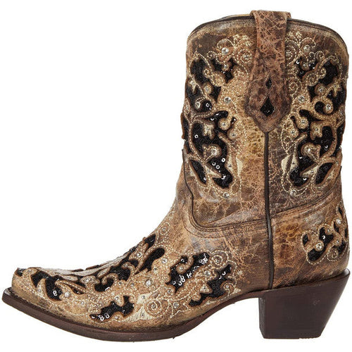 Corral | Inlay & Embroidery & Studs & Crystals Ankle Boot | Snip Toe | Brown